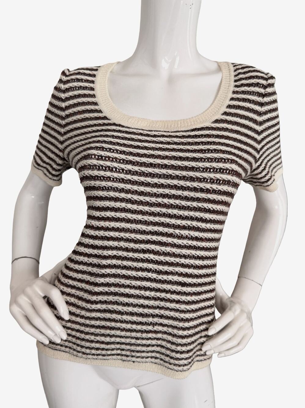 St John Sport Striped Knit Top Scoop Neck Short Sleeve Wool Rayon Silk Small